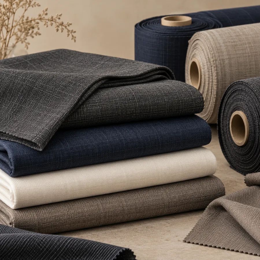 Illustrative folded suiting fabrics and textile rolls