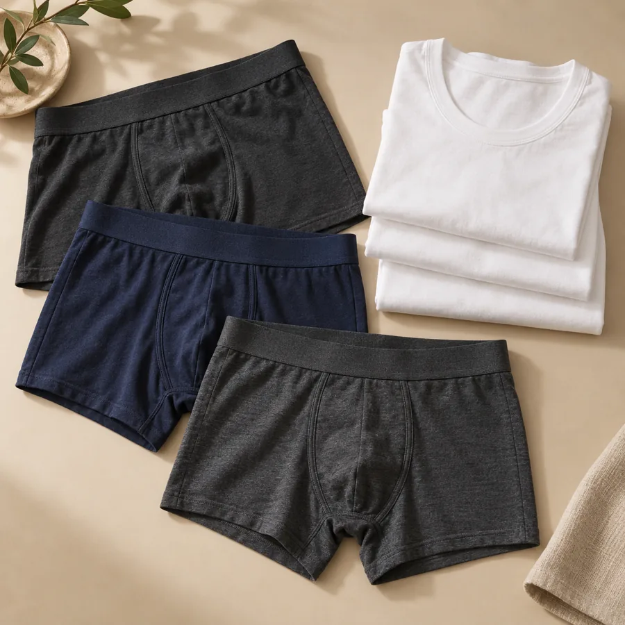 Illustrative arrangement of men’s boxer briefs and cotton undershirts